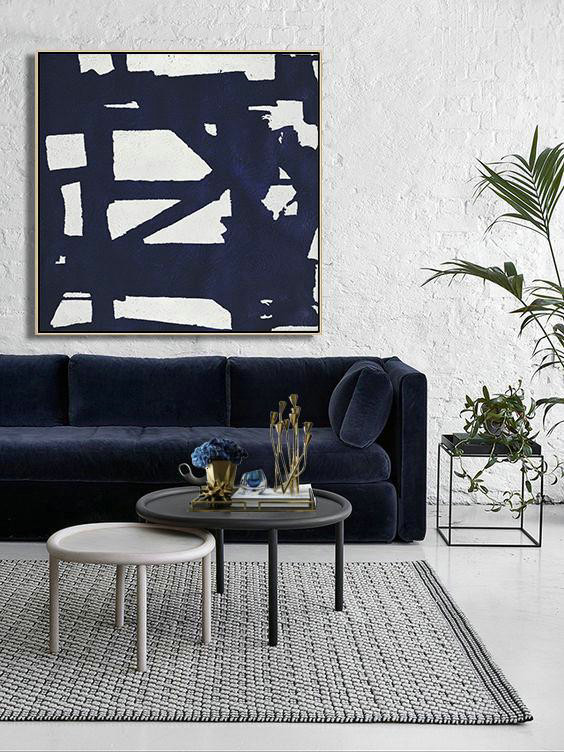 Large Abstract Art Handmade Painting,Hand Painted Navy Minimalist Painting On Canvas,Artwork For Sale